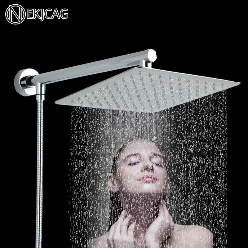 Polished Chrome Square Ultrathin 8" 10'' 12'' Rainfall Shower Head 38cm Shower Arm 150cm Shower Hose Bathroom Shower Replacement