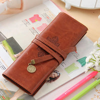 New Style Roll PU Leather Purse Pouch Makeup Pem Pencil Case Cosmetic Bag Retro