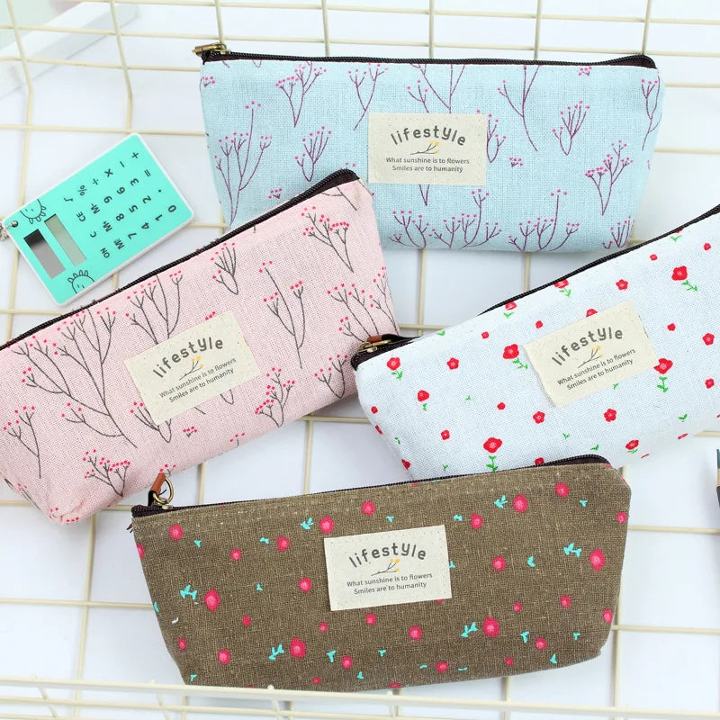 Cute Kawaii Floral Flower Canvas Zipper Pencil Cases Lovely Fabric Flower Tree Pen Bags School Supplies Free shipping